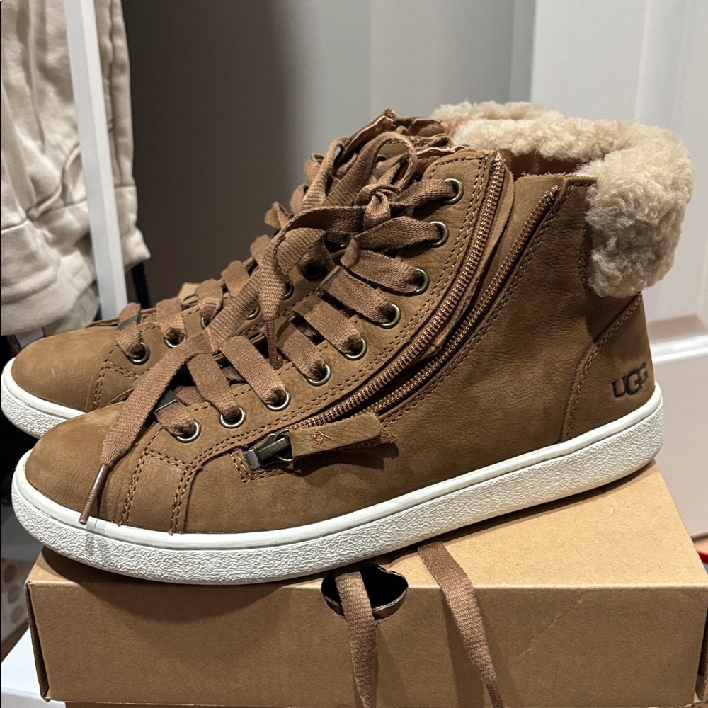 UGG Tan High-Top Sneakers with Fur Trim